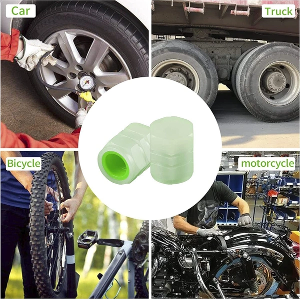 SKVWORLD 4PCS Glow-in-the-Dark Fluorescent Tire Valve Caps β Universal Fit, Luminous Stem Covers for Cars, Bikes & Motorcycles!