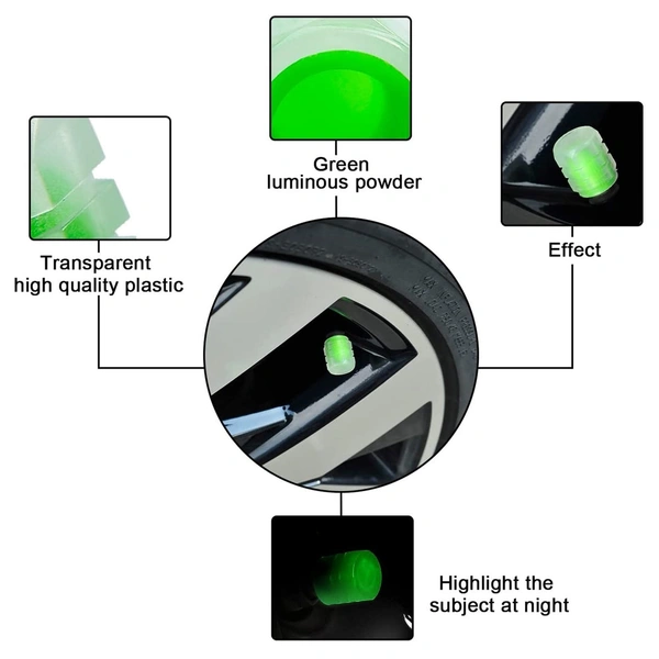 SKVWORLD 4PCS Glow-in-the-Dark Fluorescent Tire Valve Caps β Universal Fit, Luminous Stem Covers for Cars, Bikes & Motorcycles!