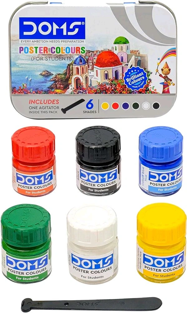 Doms 6 Shades Poster Colours | Rich & Vibrant Colors | Free Agigator Inside For Uniform Mixing | Non-Toxic & Safe For Childrens | Pack of 1