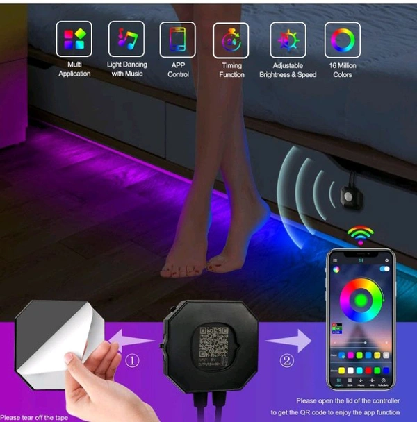 Motion Sensor RGB Under Bed Light Strip – Smart Auto-On LED for Bedroom (20M)