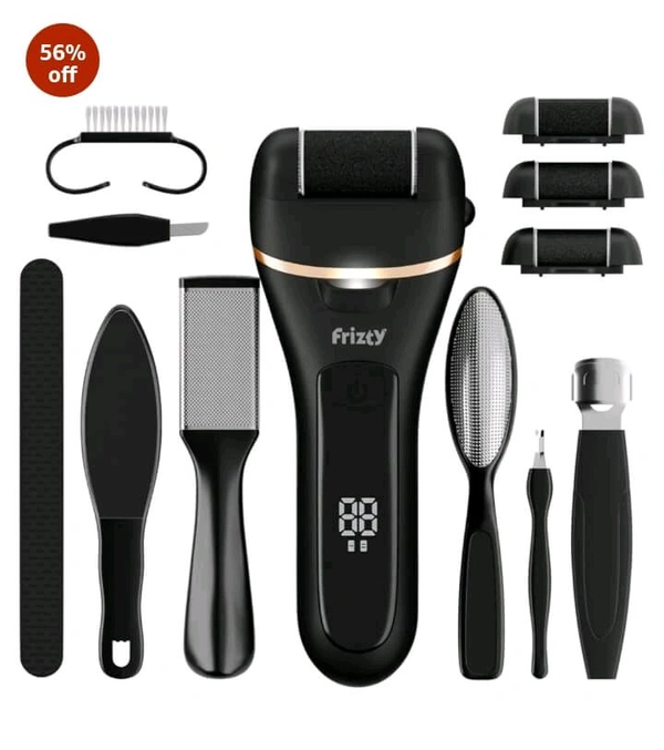 Frizty Rechargeable Foot Callus Remover Set – 10-in-1 Pedicure Kit with LCD Display & 3 Roller Heads - Black, Free