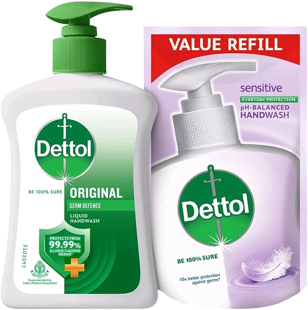 Dettol Original Liquid Handwash Pump 200ml + 175ml Skin Care Handwash Pouch Free