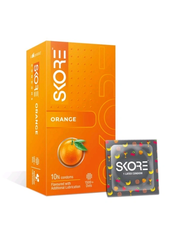 SKORE Orange Flavoured Condoms | 1500+ Dots | Pack Of 1 (10 Sheets)