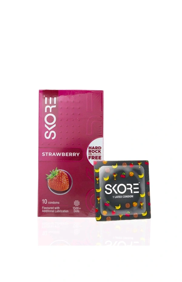 Skore Strawberry Condoms | 1500+ Dots | Pack Of 1 (10 Sheets)