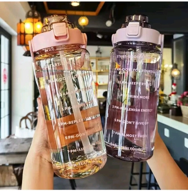 Pack of 1 Time Marker Transparent Water Bottle with Straw & Handle Leakproof BPΑ Free 2000 ml Bottle Plastic