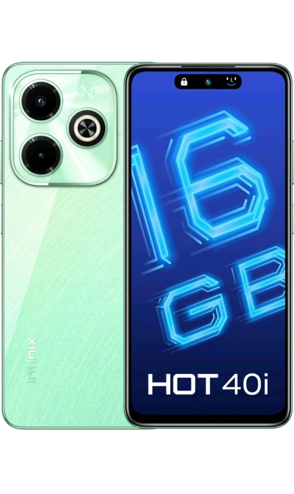 Infinix HOT 40i (Starfall Green, 256 GB) (8 GB RAM) #JustHere Highlights :-RAM/ROM 8 GB RAM | 256 GB ROM Store upto 6000 photos ProcessorUnisoc T606 |Octa Core |1.6 GHz4Lag-Free PerformanceRear Camera50MP + Al LensGet Vibrant Pictures. Full Of Detail Front Camera2 32MPHigh-Res Selfies Even in Low LightDisplay6.6 inch HD+ IPS DisplayBig Screen. Fine Video Viewing Experience Battery5