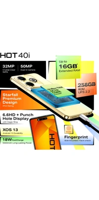 Infinix HOT 40i (Starfall Green, 256 GB) (8 GB RAM) #JustHere Highlights :-RAM/ROM 8 GB RAM | 256 GB ROM Store upto 6000 photos ProcessorUnisoc T606 |Octa Core |1.6 GHz4Lag-Free PerformanceRear Camera50MP + Al LensGet Vibrant Pictures. Full Of Detail Front Camera2 32MPHigh-Res Selfies Even in Low LightDisplay6.6 inch HD+ IPS DisplayBig Screen. Fine Video Viewing Experience Battery5