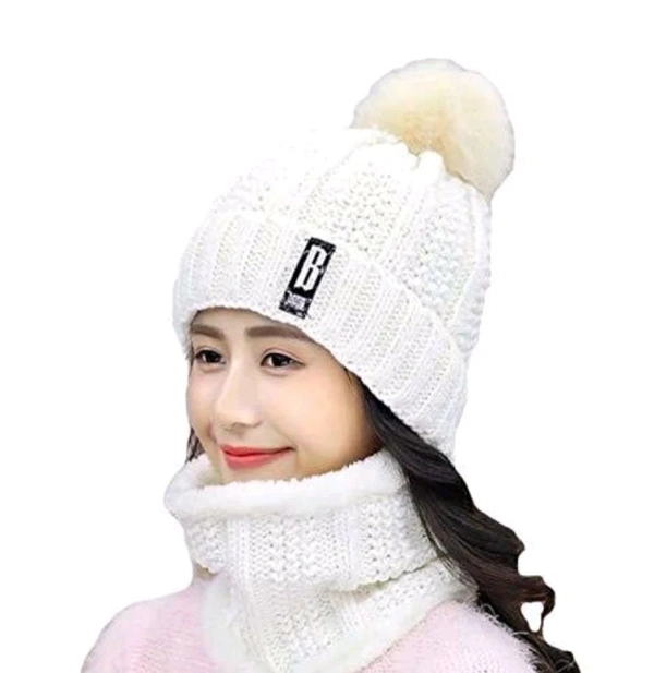 Woolen Girls and Women Beanie Hat Scarf Rice White Cap