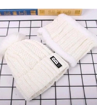 Woolen Girls and Women Beanie Hat Scarf Rice White Cap