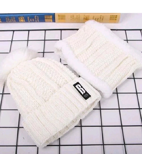 Woolen Girls and Women Beanie Hat Scarf Rice White Cap