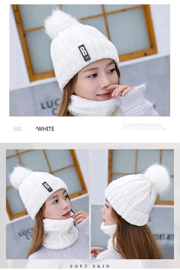 Woolen Girls and Women Beanie Hat Scarf Rice White Cap