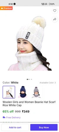 Woolen Girls and Women Beanie Hat Scarf Rice White Cap