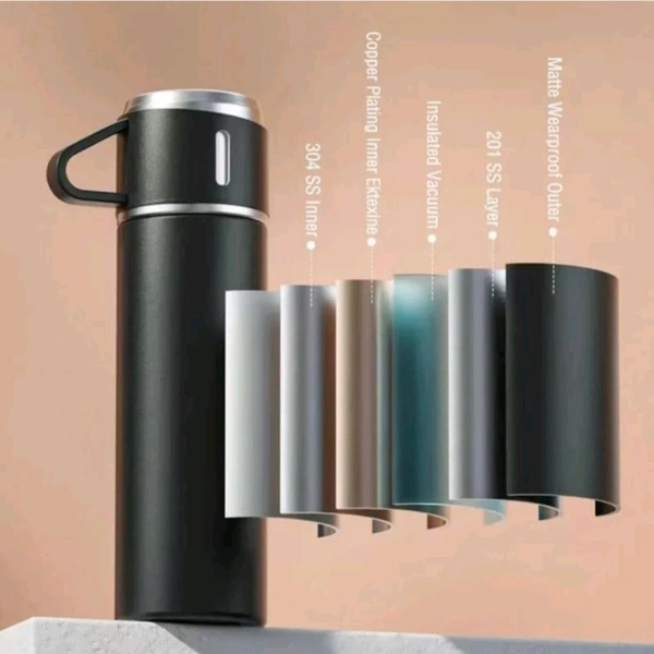 Pack of 1 Vacuum Flask set 3 Cup set for Hot & Cold Drink BPA Free Black 500 ml 