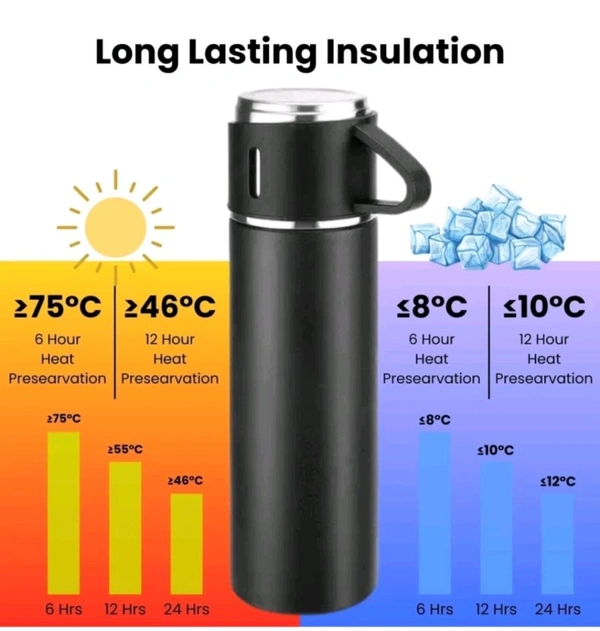 Pack of 1 Vacuum Flask set 3 Cup set for Hot & Cold Drink BPA Free Black 500 ml 
