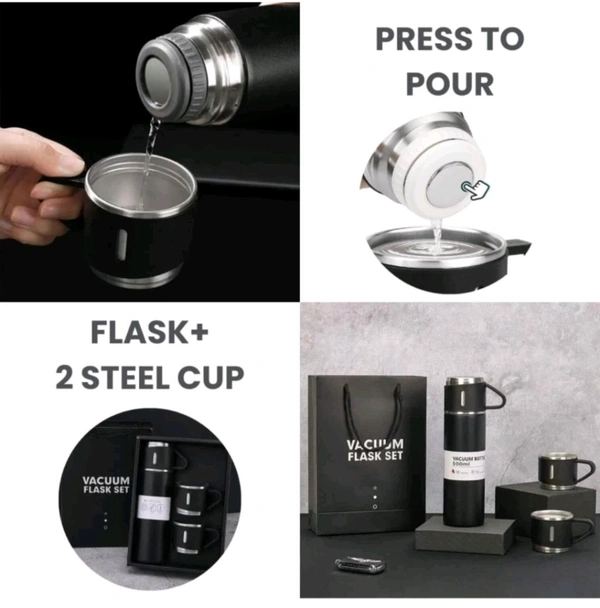 Pack of 1 Vacuum Flask set 3 Cup set for Hot & Cold Drink BPA Free Black 500 ml 
