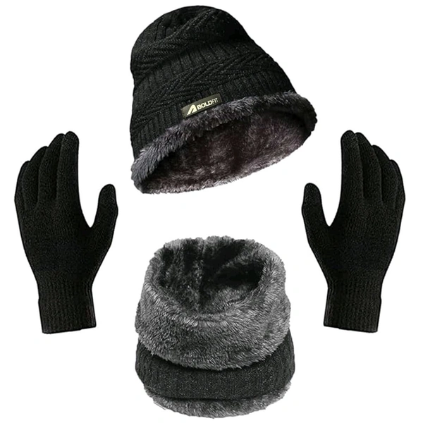 Boldfit Winter Woolen Cap Set for Men & Women | Beanie Cap with Neck Warmer & Thermal Gloves | Cold Weather Winter Wear