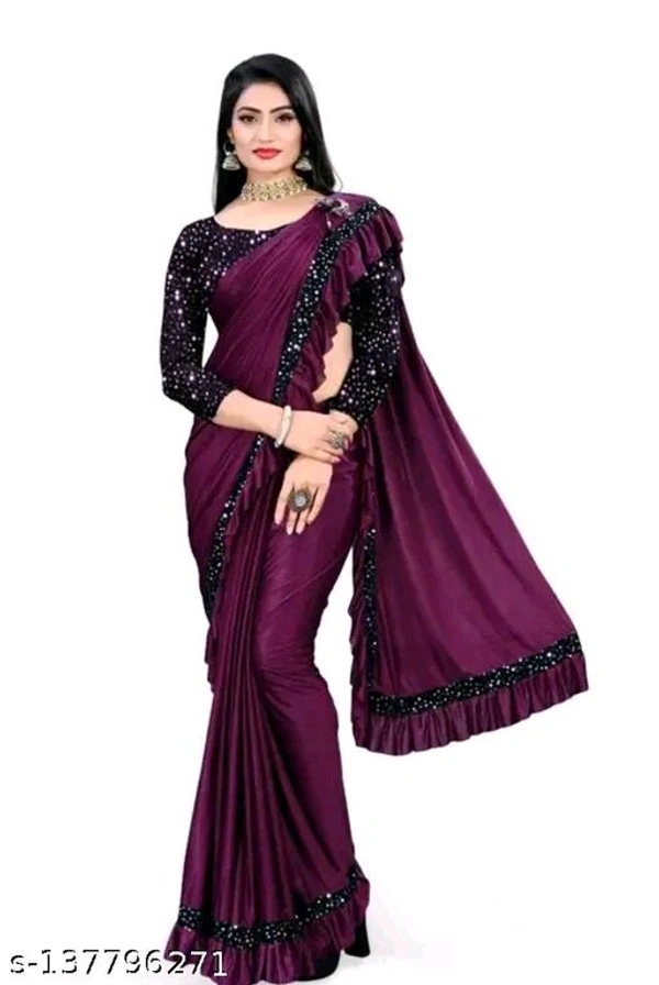 Ready To Wear Lycra Blend Purple Ruffle Saree With Blouse - Free Size