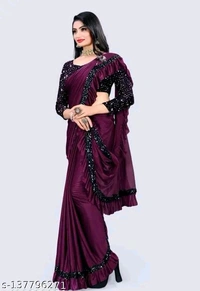 Ready To Wear Lycra Blend Purple Ruffle Saree With Blouse - Free Size
