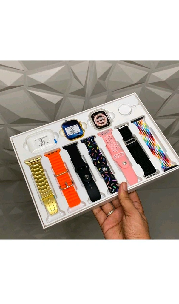 10 in1 Set Ultra Smart Bluetooth Calling Smartwatch + Earphones with Transparent Screen Guard Watch with Seven Classic Straps For Smartwatch for MEN & WOMEN Gift Product (1 Set / Mix Color)