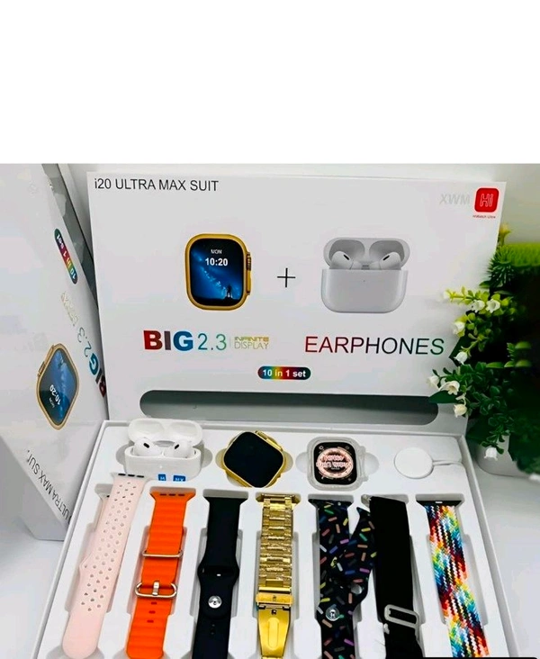 10 in1 Set Ultra Smart Bluetooth Calling Smartwatch + Earphones with Transparent Screen Guard Watch with Seven Classic Straps For Smartwatch for MEN & WOMEN Gift Product (1 Set / Mix Color)