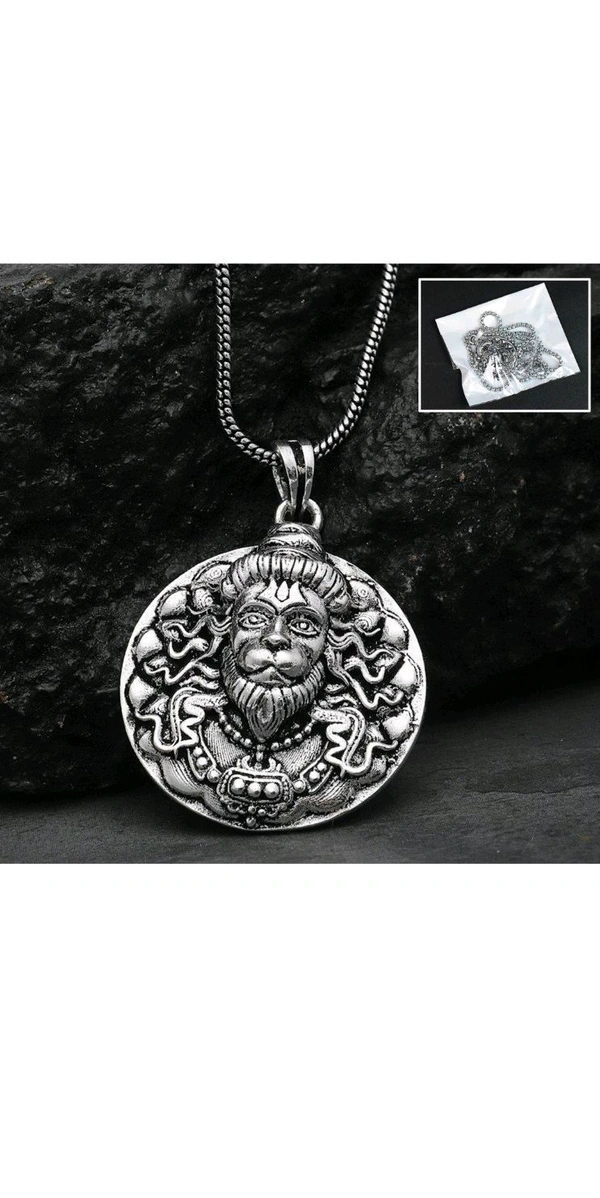 Chains & Locket - Style Hindu Lord Bajrangbali Hanuman Face Locket With Chain idol Monkey God of Devotion Locket Silver Zinc And Metal Pendant Necklace Chain For Men And Women (1 PC)