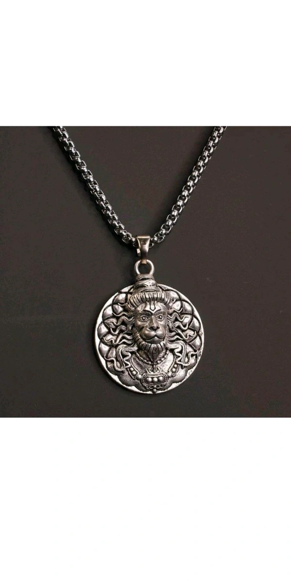 Chains & Locket - Style Hindu Lord Bajrangbali Hanuman Face Locket With Chain idol Monkey God of Devotion Locket Silver Zinc And Metal Pendant Necklace Chain For Men And Women (1 PC)