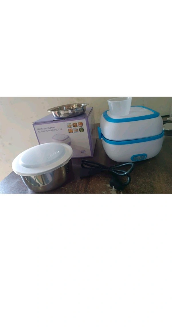 Electric Lunch Box, 3 In 1 Food Heater / Cooker / Steamer with Stainless Steel Bowls, Egg Steaming Tray, Spoon, Measuring Cup for Office, School, Travel (1 Set)