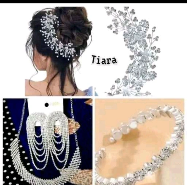 White Stone Necklace Set,bracelet And Tiara - Mercury, Adjustable