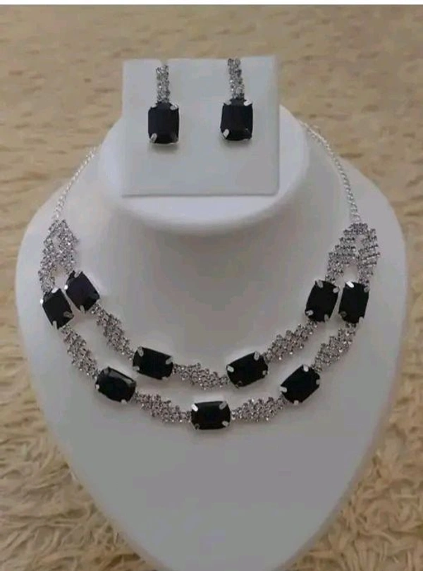 American Diamond Necklace With Earrings  - Silver, Adjustable
