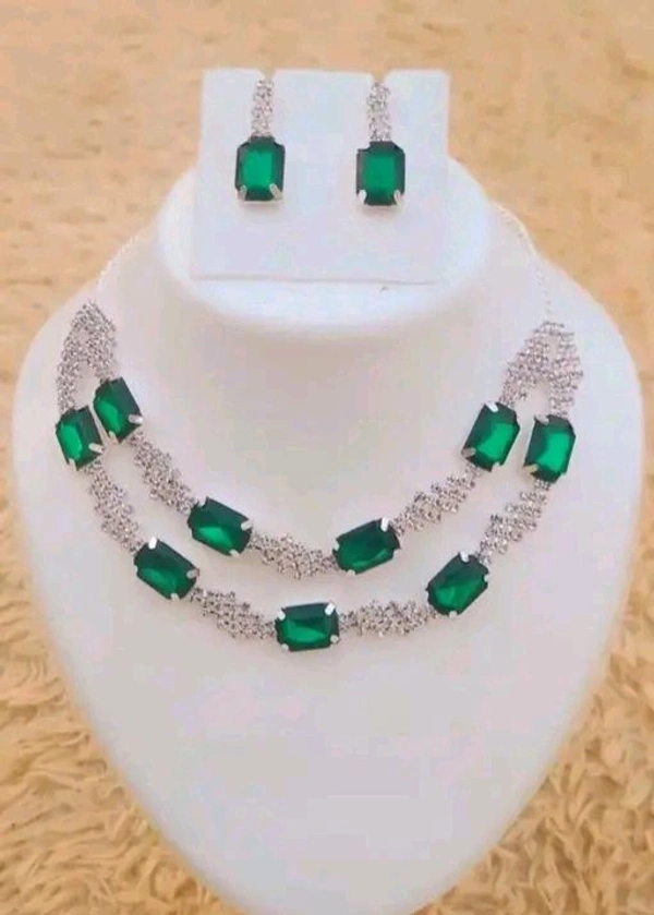 American Diamond Necklace With Earrings  - Silver, Adjustable