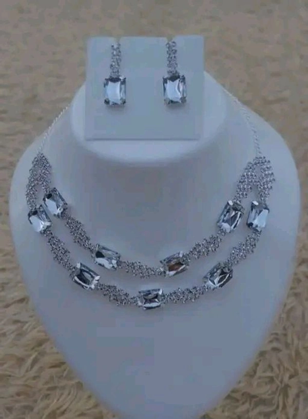 American Diamond Necklace With Earrings  - Silver, Adjustable