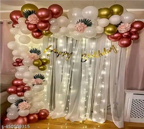 White PCENFAP028 Net Curtain With Led Light Happy Birthday Decoration Kit Combo (29pcs) With White Net Cloth (1pc) Led Light (1pc) Happy Birthday banner (1 set) Metallic Balloons & Ribbon for Boy