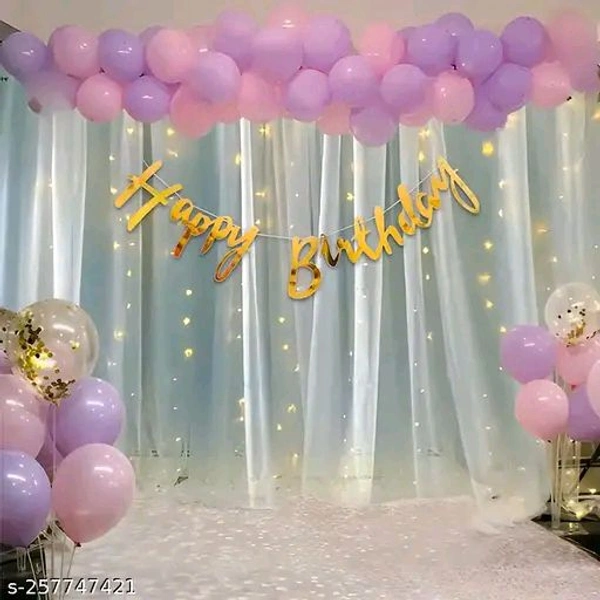 White PCENFAP028 Net Curtain With Led Light Happy Birthday Decoration Kit Combo (29pcs) With White Net Cloth (1pc) Led Light (1pc) Happy Birthday banner (1 set) Metallic Balloons & Ribbon for Boy  