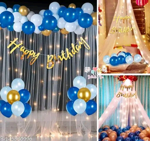 White PCENFAP028 Net Curtain With Led Light Happy Birthday Decoration Kit Combo (29pcs) With White Net Cloth (1pc) Led Light (1pc) Happy Birthday banner (1 set) Metallic Balloons & Ribbon for Boy  