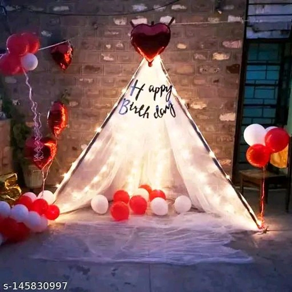 White PCENFAP028 Net Curtain With Led Light Happy Birthday Decoration Kit Combo (29pcs) With White Net Cloth (1pc) Led Light (1pc) Happy Birthday banner (1 set) Metallic Balloons & Ribbon for Boy  