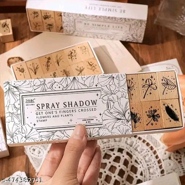 8PC PCENFAP078 Spray Shadow Series Retro Floral Plant Wooden Seal Stamp Pack Diy Scrapbooking, Crafts & Stationery Fun Seal Stamp (PACK OF 8PC)