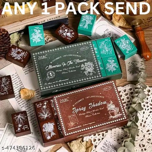 8PC PCENFAP078 Spray Shadow Series Retro Floral Plant Wooden Seal Stamp Pack Diy Scrapbooking, Crafts & Stationery Fun Seal Stamp (PACK OF 8PC)