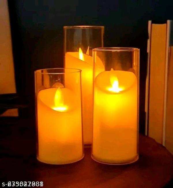 3 Piece Acrylic LED Flameless Pillar Candles Set | Wireless Smokeless Warm Light Decorative Tea Light Candles for Home Decor, Wedding, Christmas, Valentine, Birthday & Party Decoration