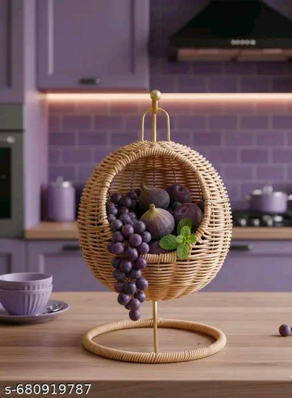 Handcrafted Wicker Hanging Basket with Gold Handle, Round Display Stand, Decorative Storage for Fruits, Desserts, Home Décor
 