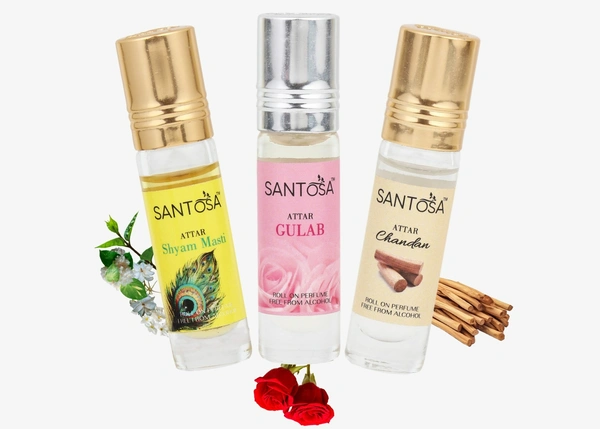 Santosa Shyam Masti Attar & Gulab Attar & Chandan Attar |Free From Alcohol Apparel Rool on Perfume 3ml Each Product, Fragrance, Temple-Ready Roll-On for Khatu Shyam Blessings & Pooja Rituals Pack of 3