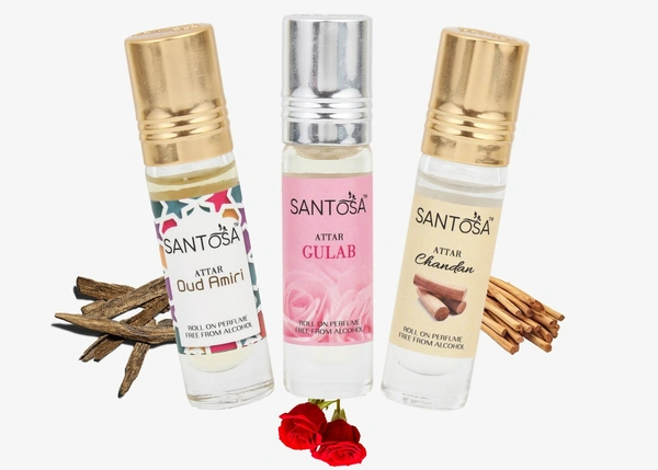 Santosa Premium Attar Combo - Gulab (Rose), Chandan (Sandalwood), and Oud Amiri | Alcohol-Free Roll-On Perfume Itra, Set of 3, 6ml each