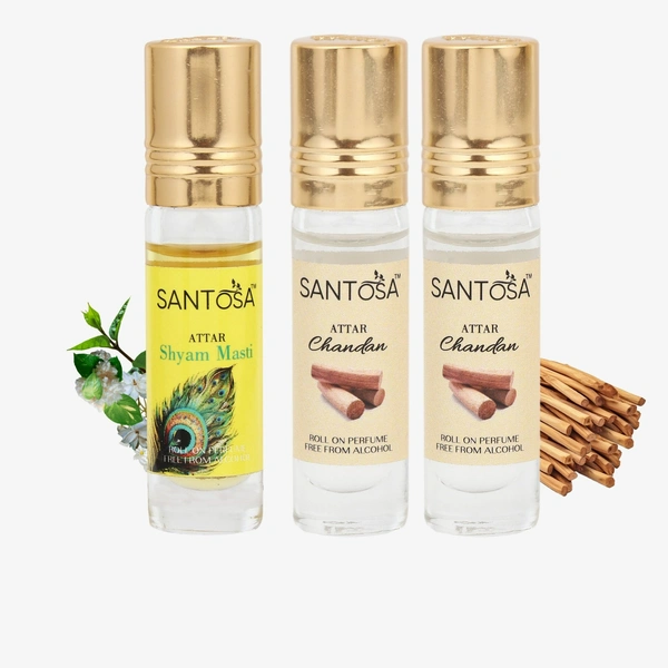 Santosa Sandalwood (Chandan) Attar & Shyam Masti Attar Combo 18ml (6ml x 2 + 1 Free) - Pure Chandan & Jasmine Itra, Best Perfume for Women & Men, Alcohol-Free, Long-Lasting Ittars