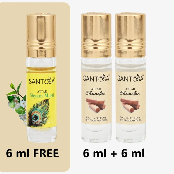 Santosa Sandalwood (Chandan) Attar & Shyam Masti Attar Combo 18ml (6ml x 2 + 1 Free) - Pure Chandan & Jasmine Itra, Best Perfume for Women & Men, Alcohol-Free, Long-Lasting Ittars