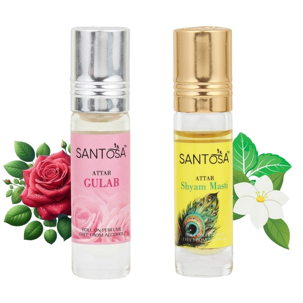 Santosa Gulab (Rose) & Shyam Masti Attar Roll-On Perfume | 6ml Each, Pack of 2 | Alcohol-Free Itra/Ittar for Men & Women | Long-Lasting Floral & Traditional Scent