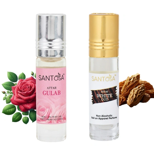 Santosa Gulab (Rose) & White Oud Attar Roll-On Perfume | 6ml Each | Alcohol-Free Itra/Ittar for Men & Women | Long-Lasting Exotic & Floral Fragrance