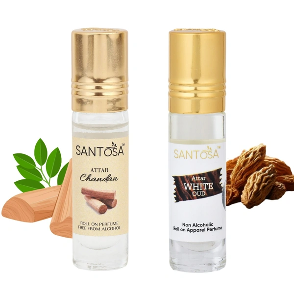 Santosa Chandan (Sandalwood) & White Oud Attar Roll-On | 6ml Each | Alcohol-Free Itra/Ittar Perfume | Long-Lasting Woody & Oud Fragrance for Men & Women