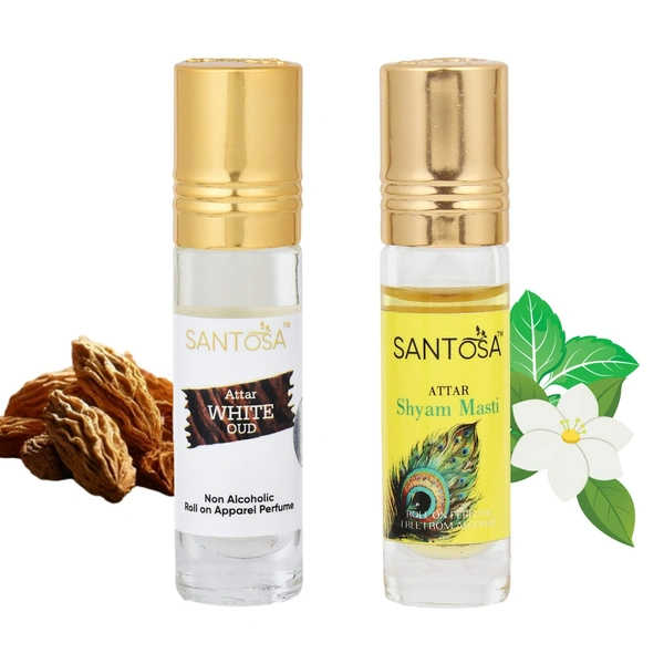 Santosa White Oud & Shyam Masti Attar Roll-On Perfume Set, 6ml Each, Alcohol-Free, Traditional Scent