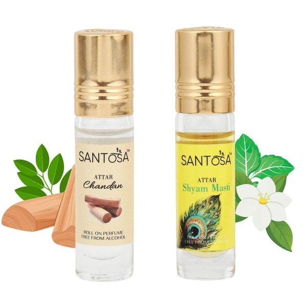 Santosa Chandan (Sandalwood) & Shyam Masti Attar Roll-On Perfume | 6ml Each | Alcohol-Free Itra/Ittar for Men & Women | Long-Lasting Traditional Scent for Daily Use & Pooja