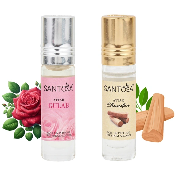 Santosa Gulab (Rose) & Chandan (Sandalwood) Attar Roll-Ons, 6ml Each | Alcohol-Free Itra/Ittar/Attar with Long-Lasting Floral & Woody Scents for Men & Women, Ideal for Pooja, Puja, & Everyday Use