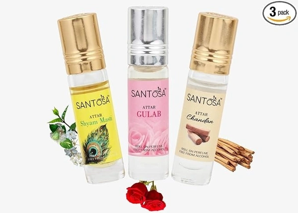 Santosa Premium Attar Combo - Gulab (Rose), Sandalwood (Chandan), and Shyam Masti (Jasmine & Mogra) | Alcohol-Free 6ml Roll-On Perfumes | Oil-Based Long-Lasting Scents for Pooja & Daily Use